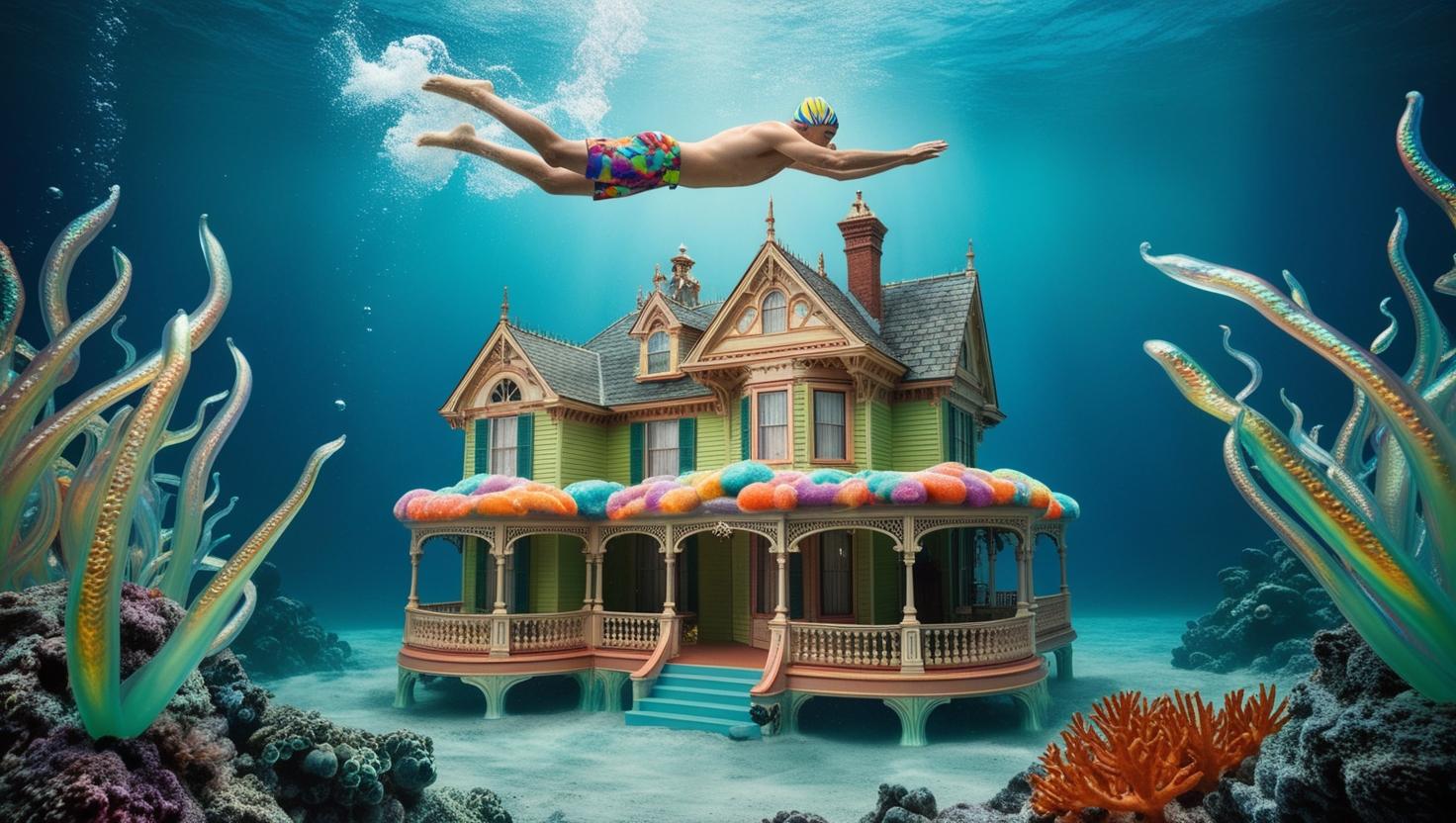 A person swimming away from a house that is underwater