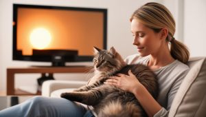 Woman petting cat at home