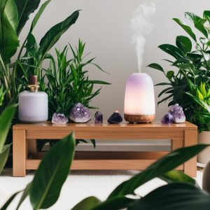 meditation bench with plants, crystals and a diffuser to enhance the experience at home