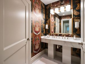 bathroom with bold wallpaper
