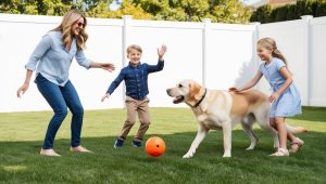 sarah playing with the dog in the yard