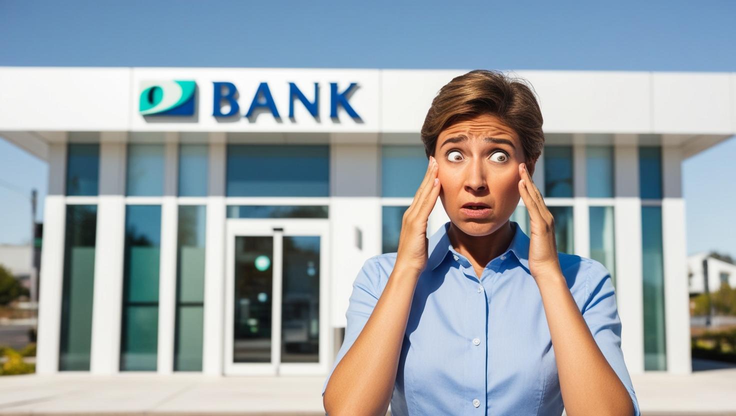 Confused woman standing in front of a bank