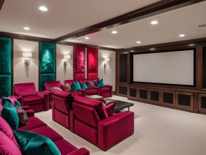 Home theater with bold jewel tone furniture
