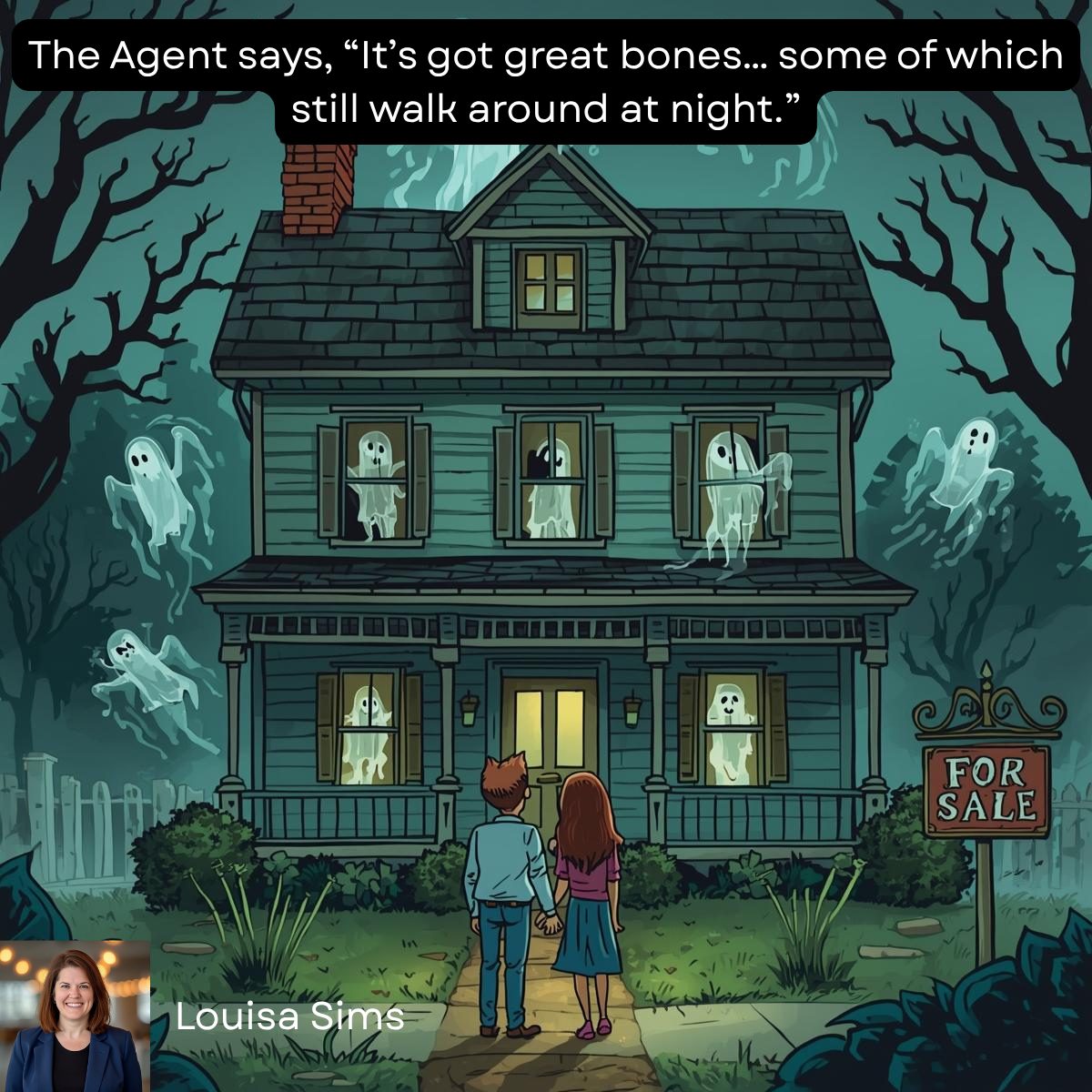 shows a family standing outside a haunted house and then the agent says the house has good bones, some are even walking around at night.